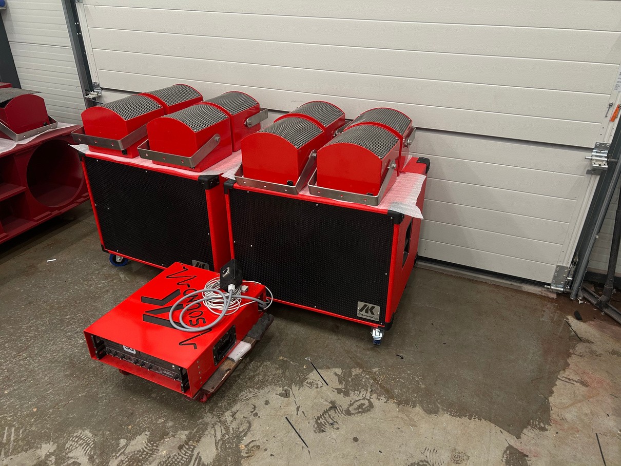 Red AK Sound cabinets and amplification